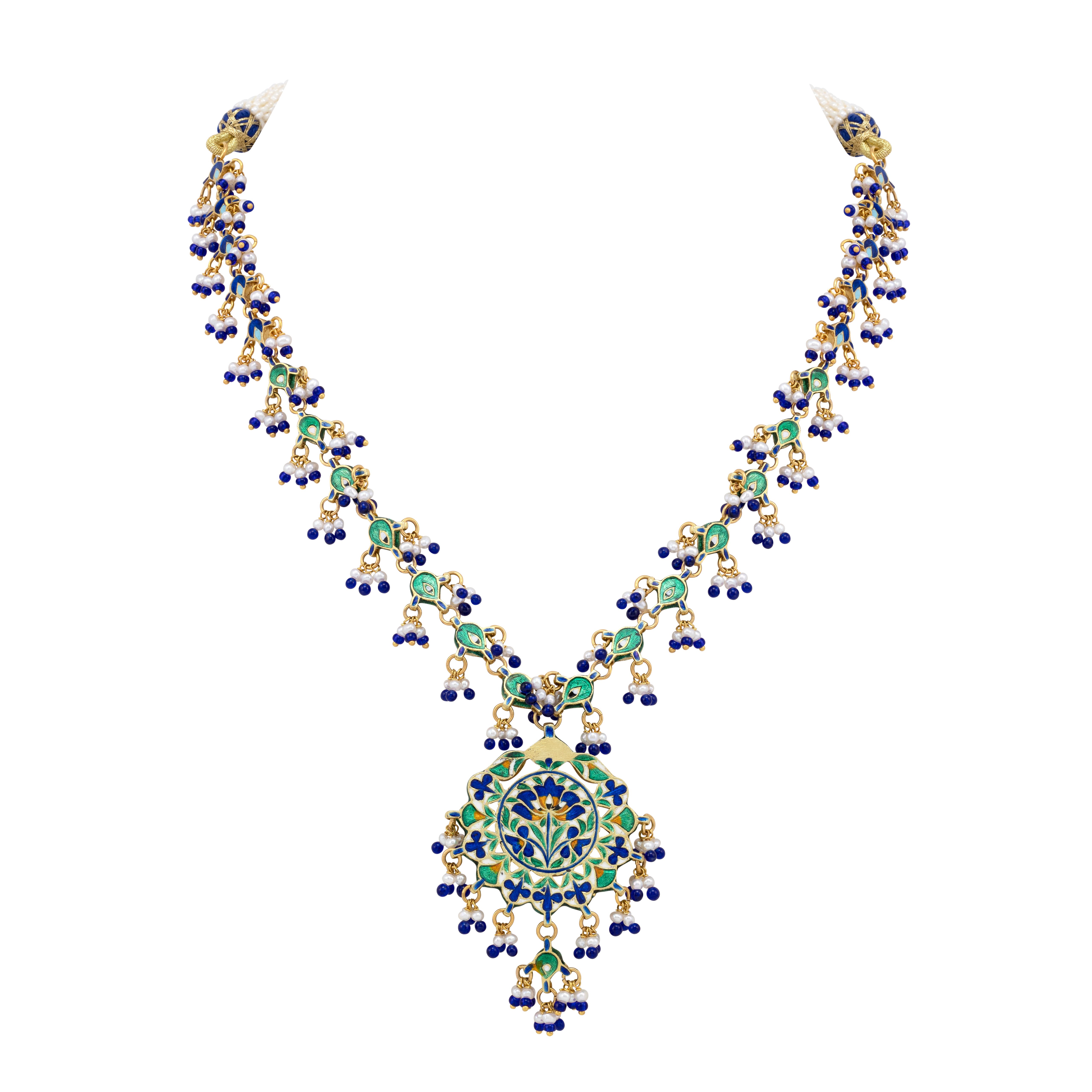 Blue Enamel Polki Necklace with Pearl and Bead Accents